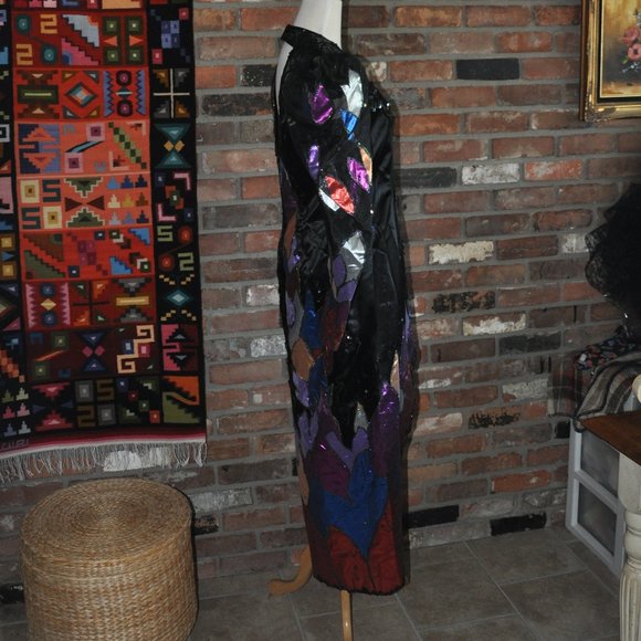 Vintage 80s Avant Garde, Black Gown, Metallic Lame Appliques & Sequin Dress M - Picture 3 of 4